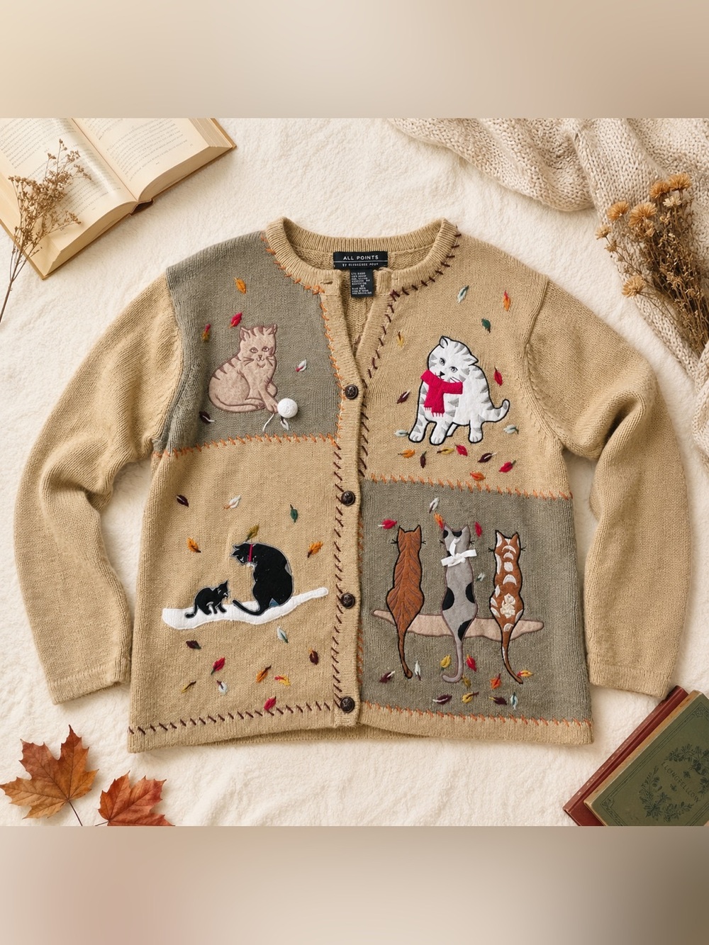 Vintage All Points Cat Patchwork Cardigan Sweater Ramie Cotton M